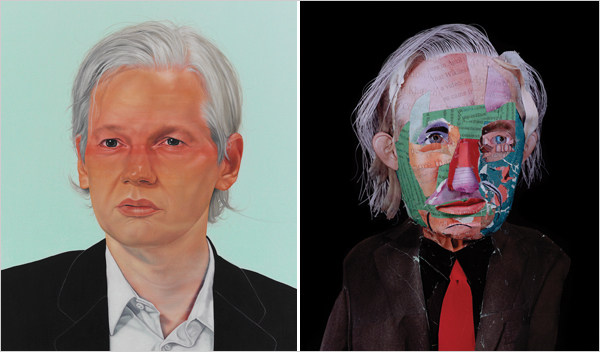 NYT's Assange profile artwork, by Jenny Morgan (left) and Daniel Gordon (right)